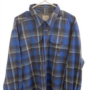 LL Bean Mens Shirt XL Lg Sleeves Blue Plaid Poly Spandex Blend Front Poc…